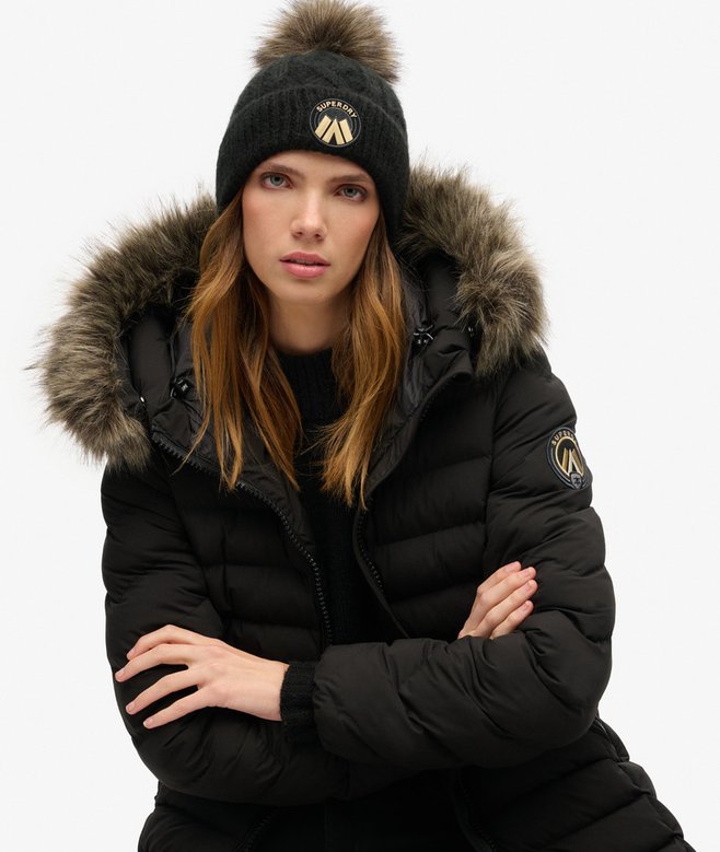 Ladies Cable Luxe Knit Beanie Hat-Black-Model Wearing Hat View