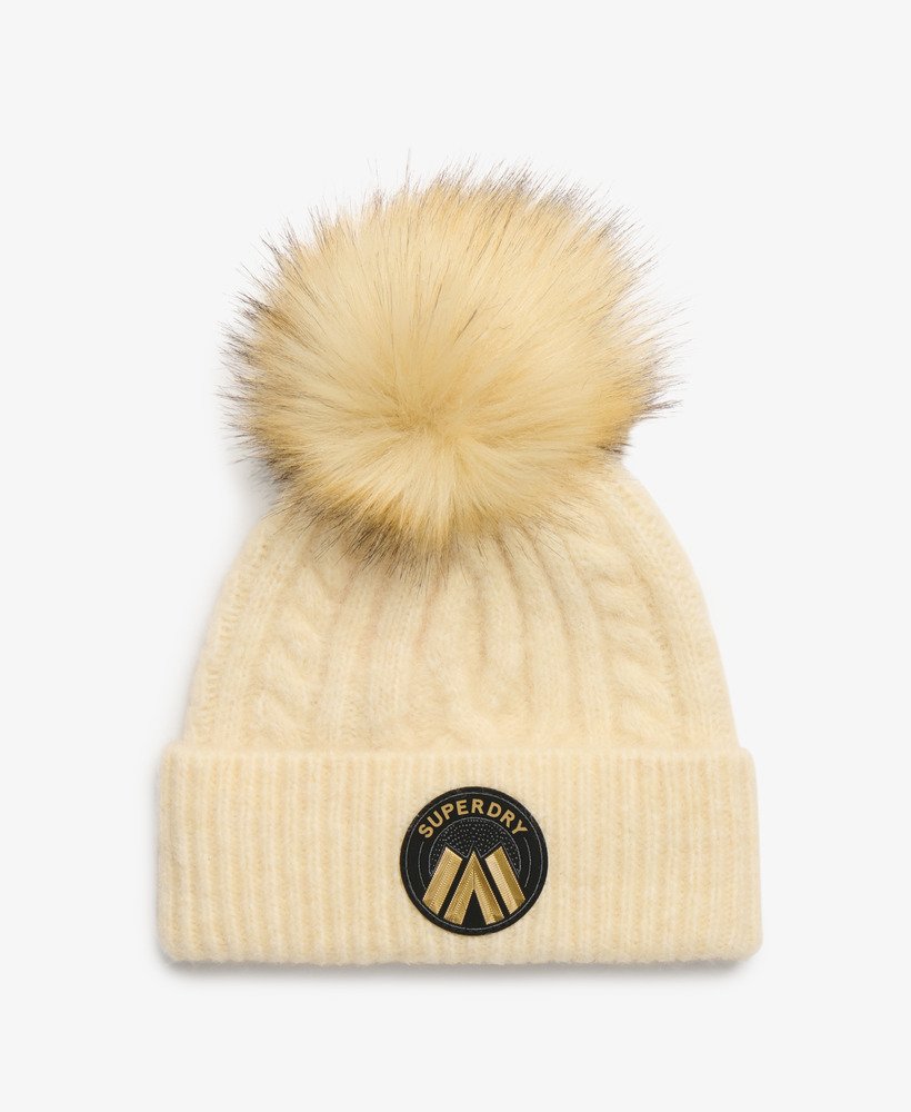 Ladies Cable Luxe Knit Beanie Hat-Oatmeal White-Front View