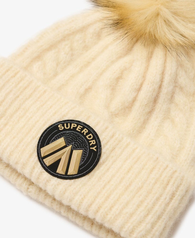 Ladies Cable Luxe Knit Beanie Hat-Oatmeal White-Clsoe Up View
