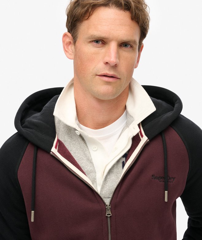 Essential Baseball Ziphood- Burgundy/Black-Close up view