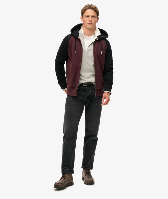 SUPERDRY Essential Baseball Ziphood- Burgundy/Black Rich Deep Burgundy/Black model front view