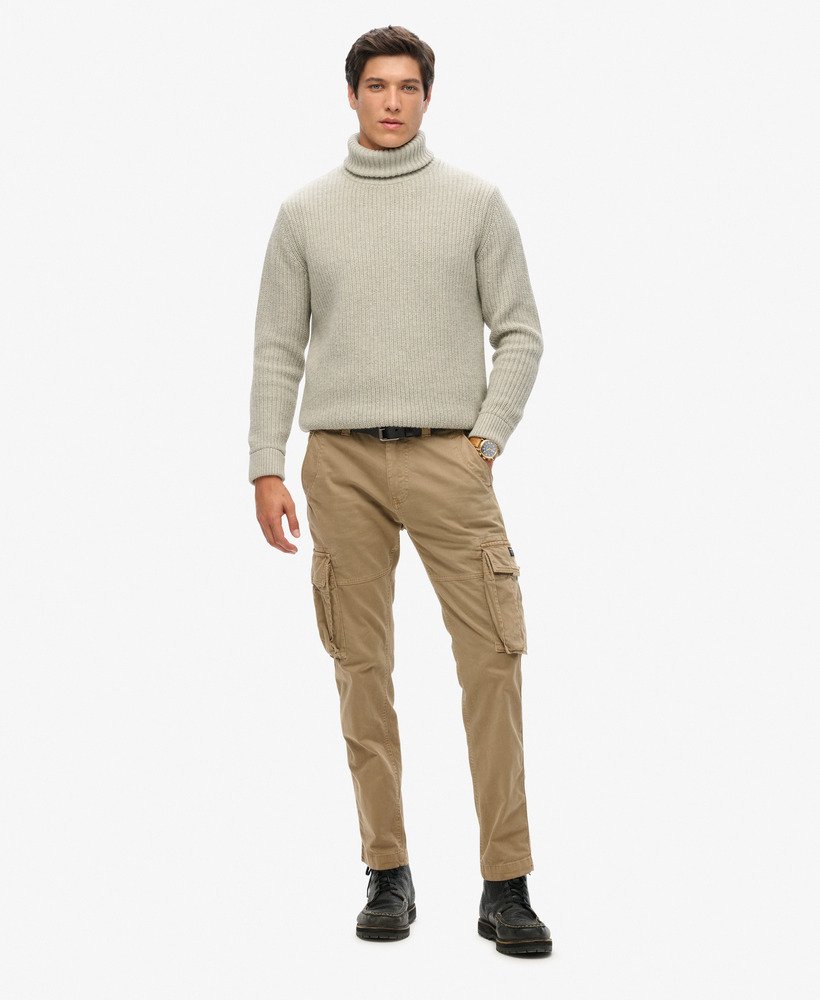 Full model view of khaki cargo pants
