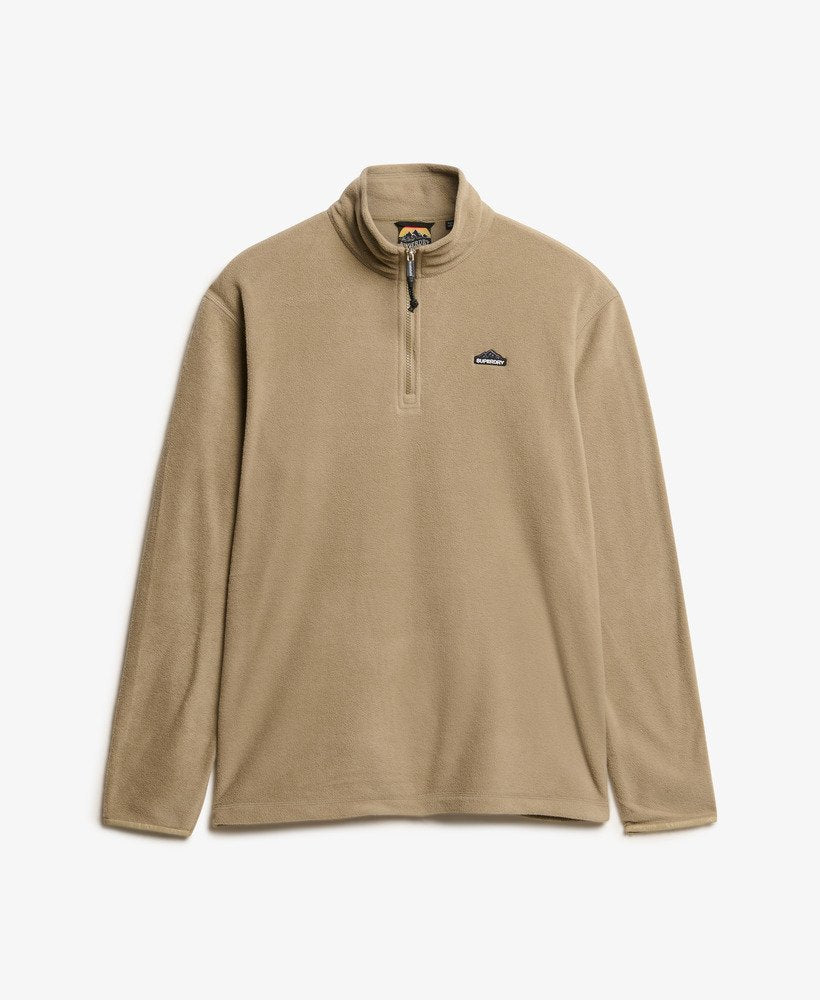 Beige fleece pullover with brand logo on a white background