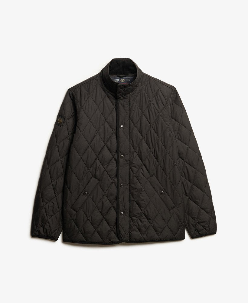 Black quilted jacket on a white background