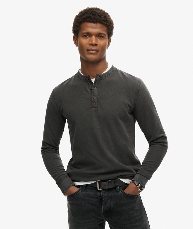 SUPERDRY Lightweight Textured Grandad Top-Washed Black WASHED BLACK front view