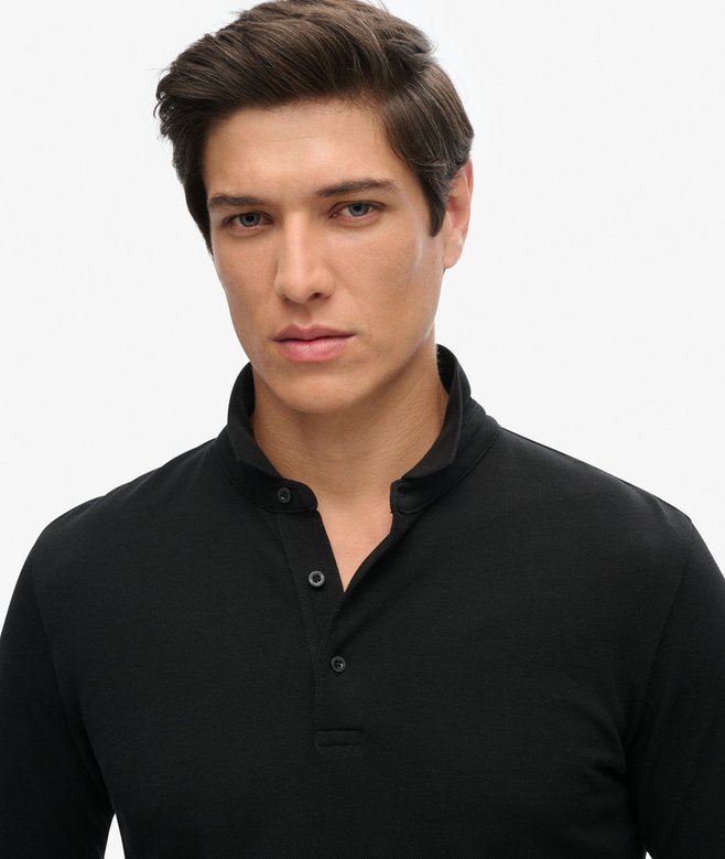 Cotton Long Sleeve Black Pique Polo Shirt-Neck view