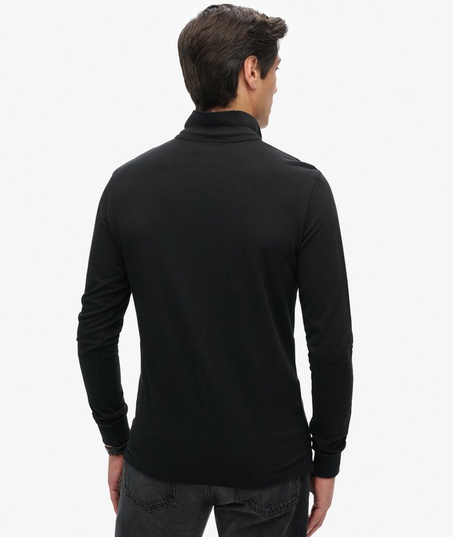 Cotton Long Sleeve Black Pique Polo Shirt-Back view