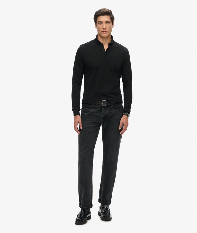 Cotton Long Sleeve Black Pique Polo Shirt-Full model view