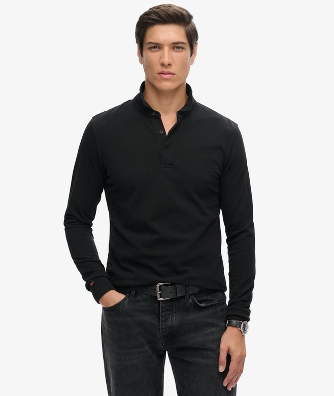 Cotton Long Sleeve Black Pique Polo Shirt