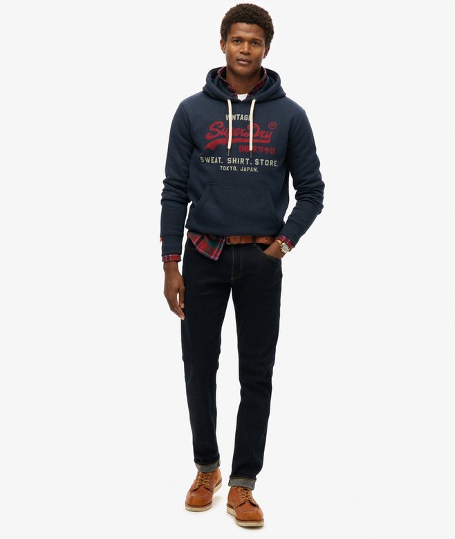 SUPERDRY Vintage Logo Heritage Relaxed Hoodie-Navy Marl Trench Navy Marl model front view