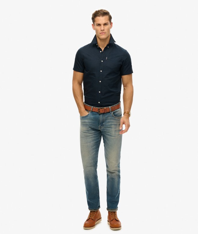 SUPERDRY Oxford Short Sleeve Shirt-Eclipse Navy Eclipse Navy model front view