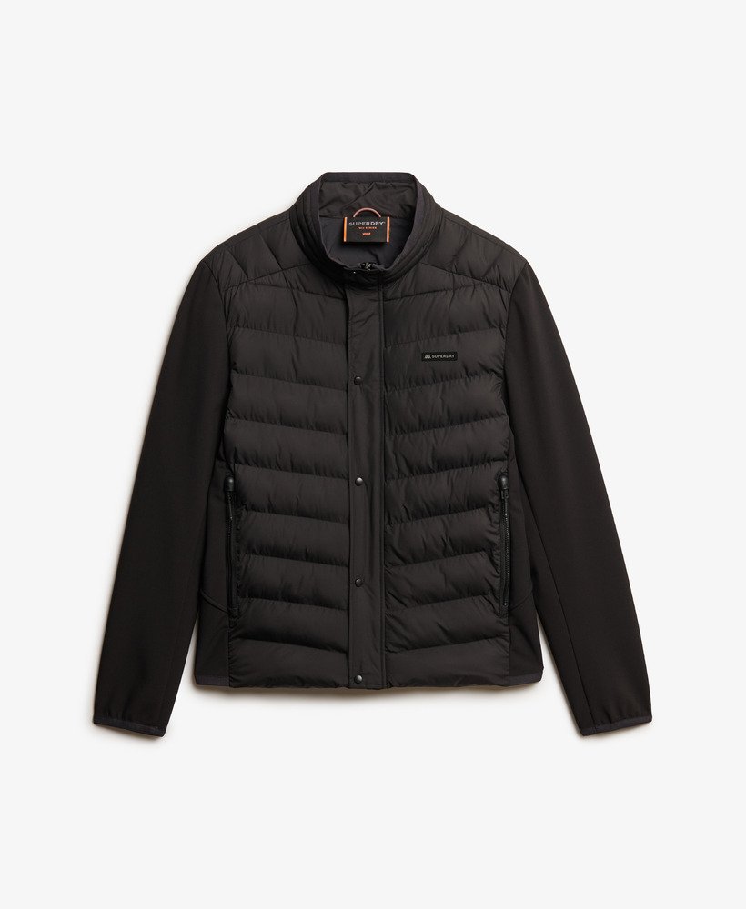 Black puffer jacket on a white background