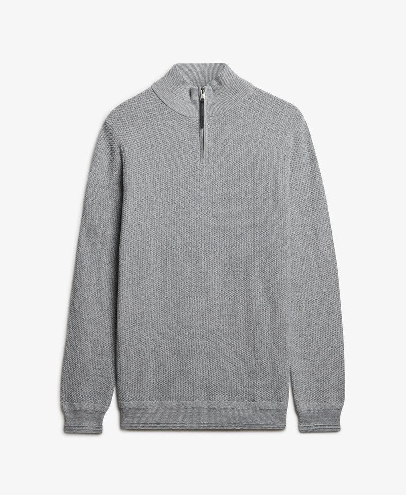 Gray textured sweater with a zipper on a white background