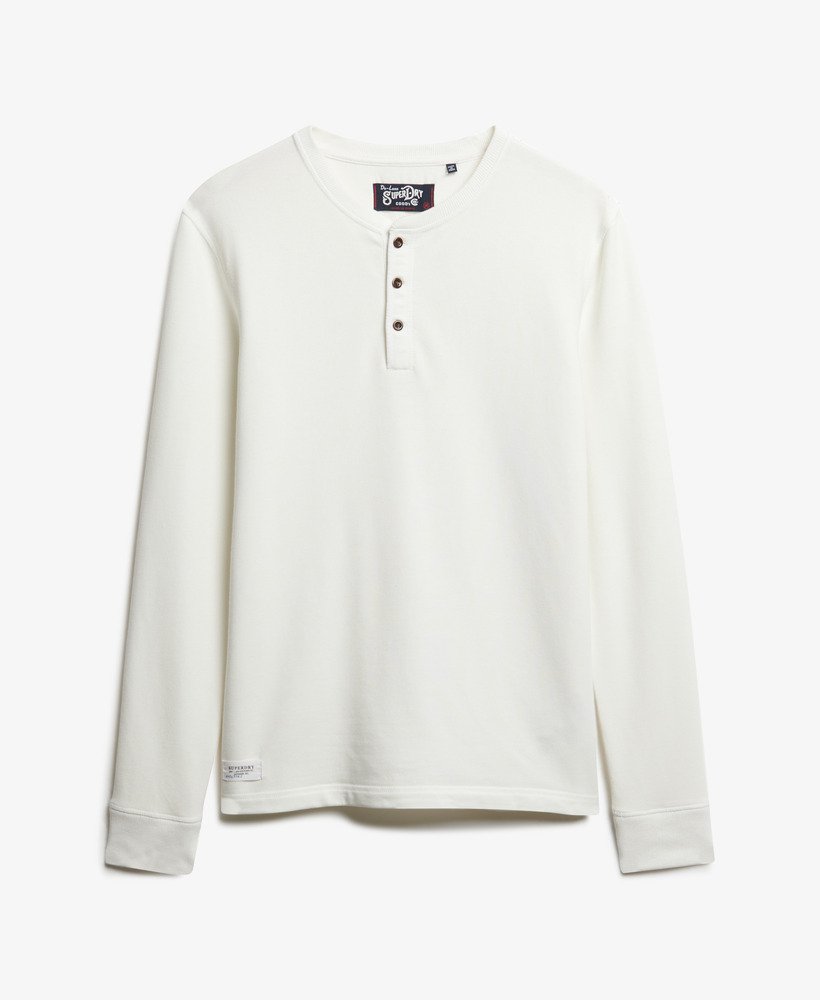 White long-sleeve henley shirt on a white background