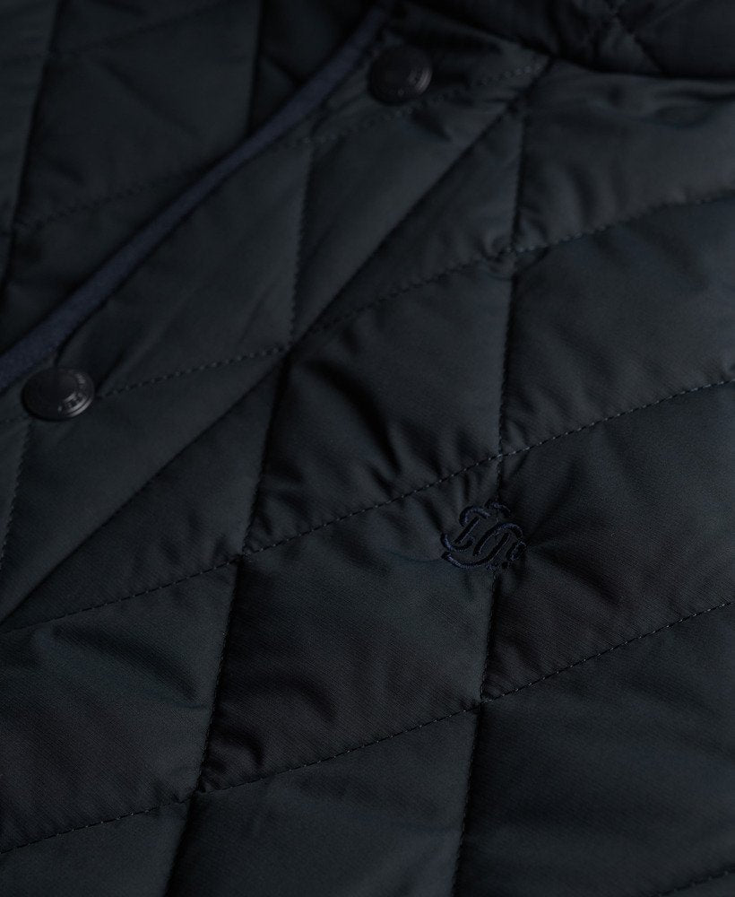 Close-up of a navy quilted jacket with buttons