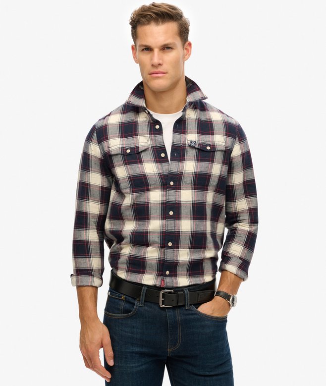 Men's Merchant Linen Check Shirt-Navy Check-Model Front View