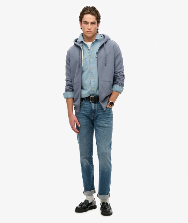 SUPERDRY Essential Logo Zip Hoodie-Heritage Washed Blue Heritage Washed Blue model front view