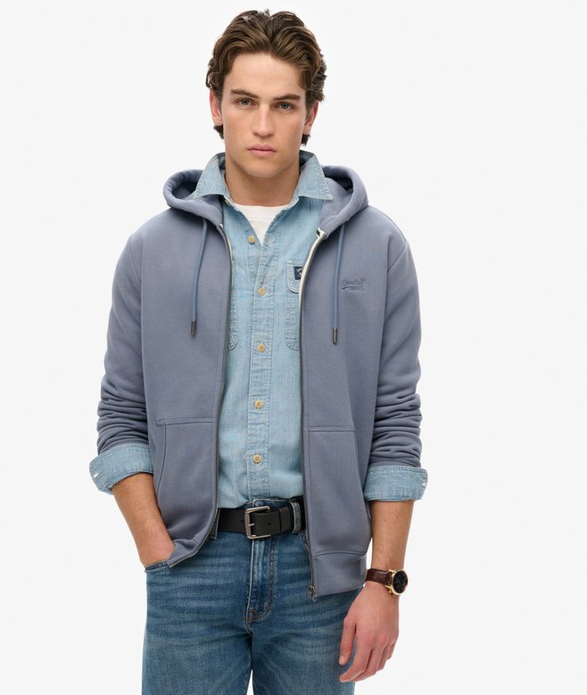 Men's Essential Logo Zip Hoodie-Heritage Washed Blue-Model Front View