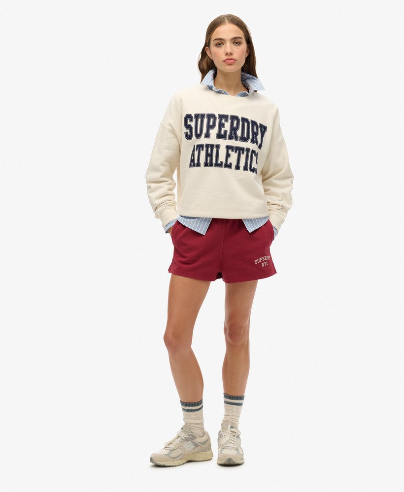 Superdry Ladies Athletic Essentials Relaxed Applique Off White Sweatshirt Desert Bone Off White model front view