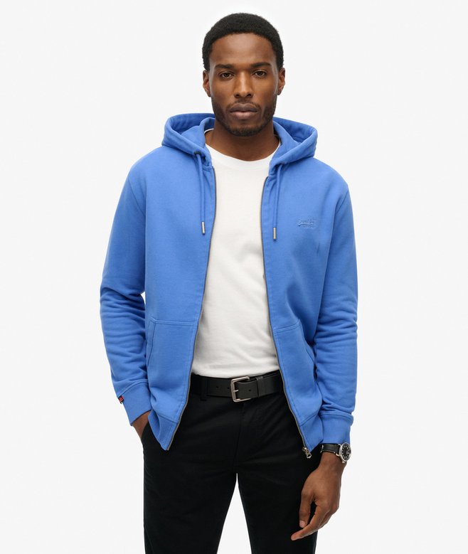 Men's Essential Logo Zip Hoodie-Chambray Blue-Model Front View