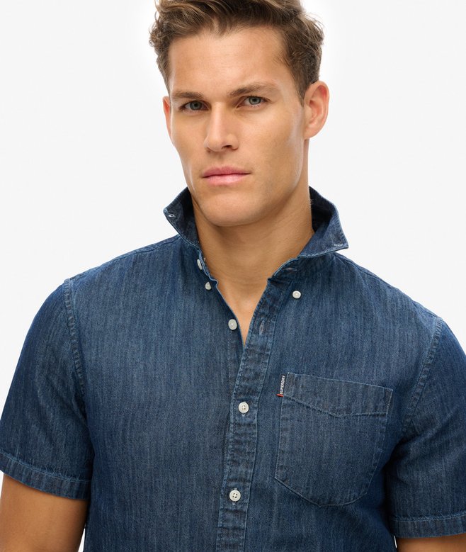 Men's Essential Short Sleeve Denim Shirt-Rinse Wash-Collar & Button View