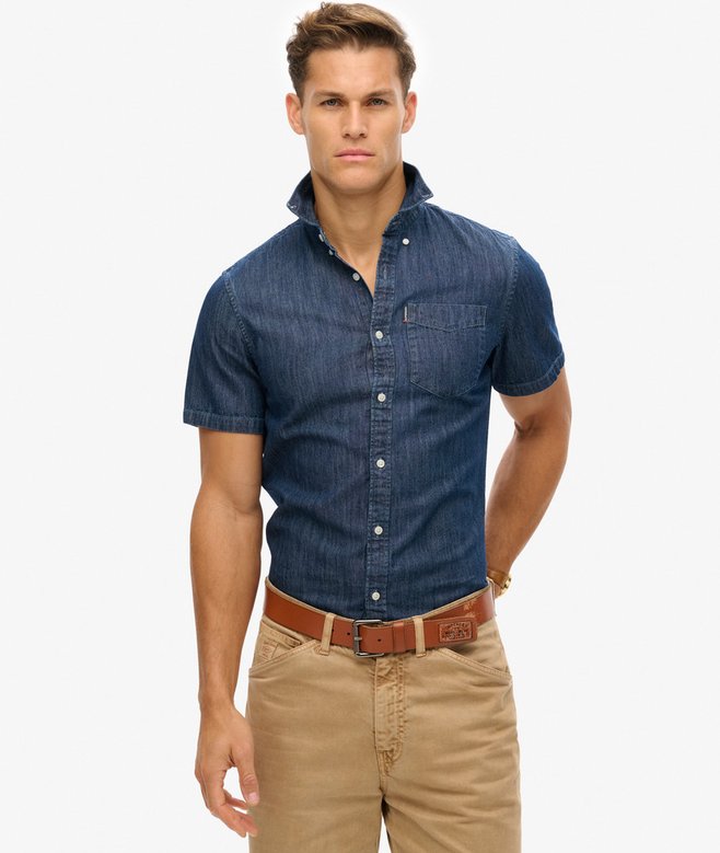 Men's Essential Short Sleeve Denim Shirt-Rinse Wash-Model Front View