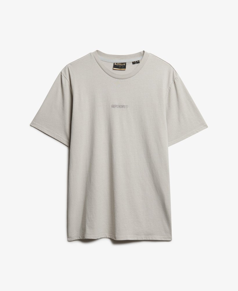 Light gray t-shirt with a small logo on a white background