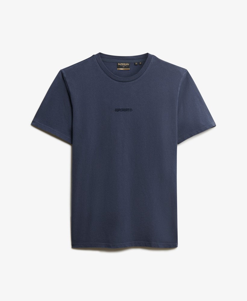 Navy blue t-shirt with a small logo on a light gray background