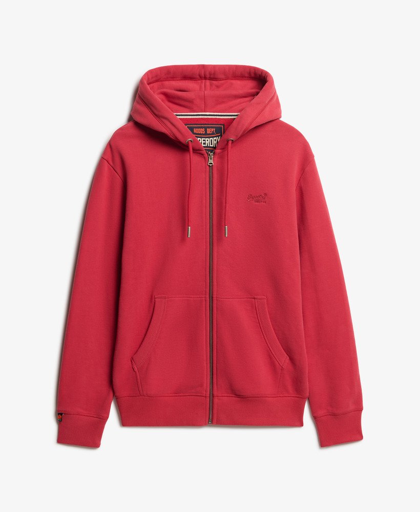 Red hoodie with a brand logo on a white background