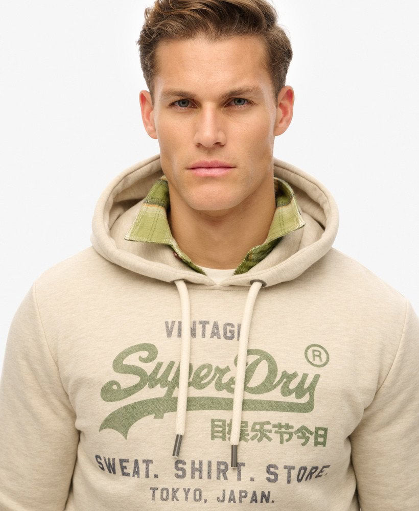 SUPERDRY Vintage Logo Pelican Beige Heritage Relaxed Hoodie Pelican Beige Marl back view