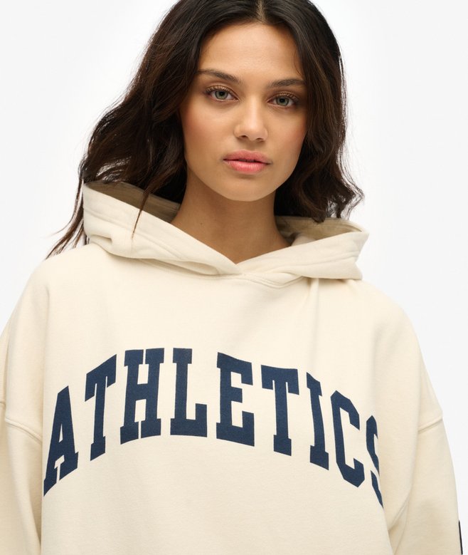 Athletic Essentials Off White Relaxed Hoodie-Chest logo view
