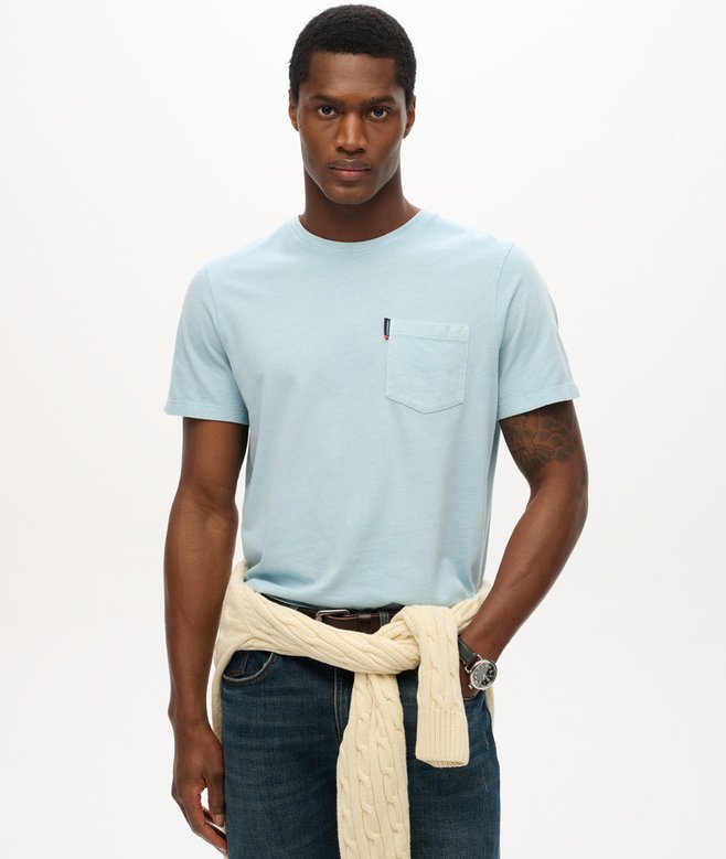 Men's Classic Essential Pocket Tee-Washed Sunset Blue-Model Front View