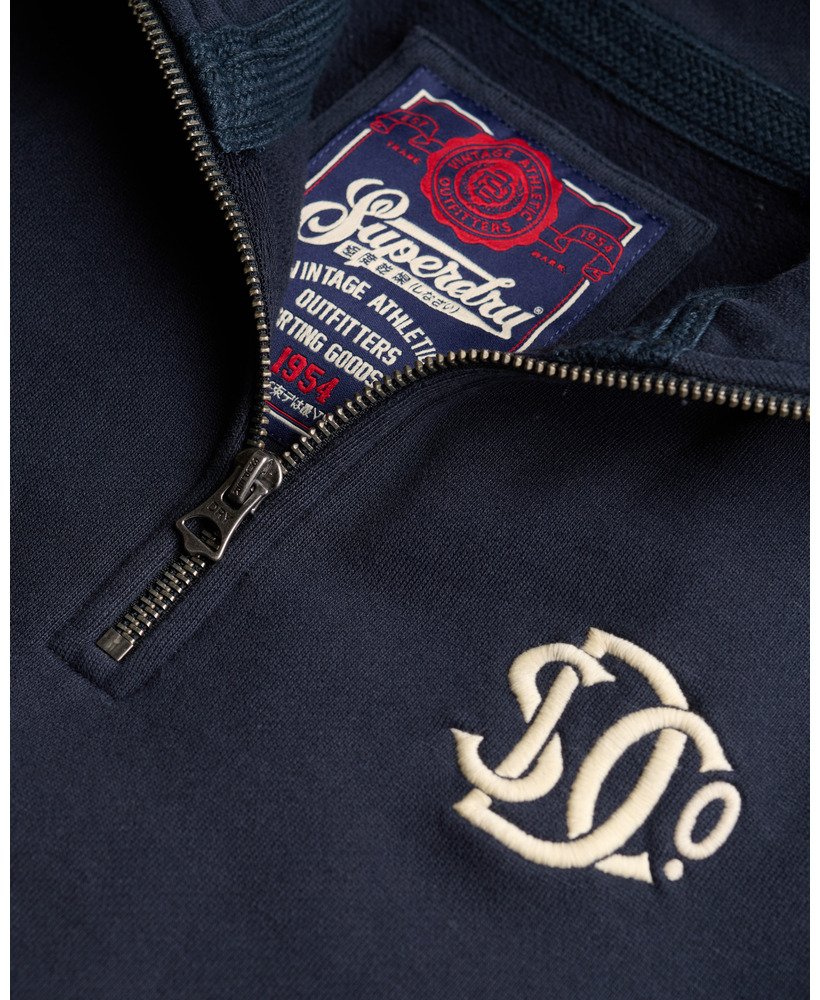 Navy blue sweatshirt with Superdry logo and branding