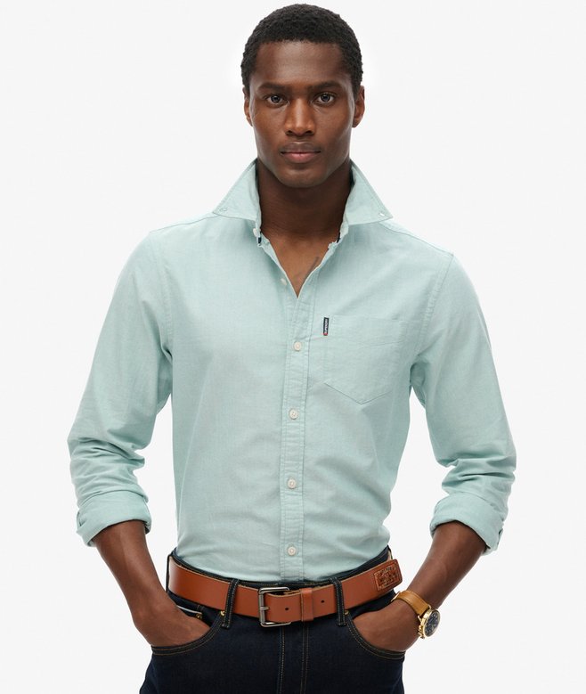 Men's Essentials Oxford Shirt-Peppermint Chambray Oxford-Closer View of Front