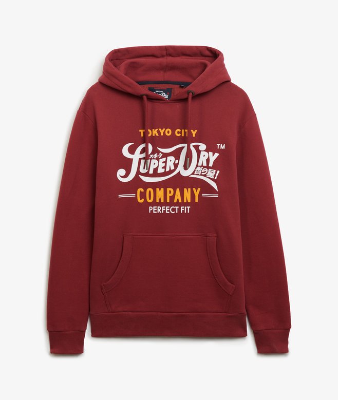 Red hoodie with Superdry logo on a white background