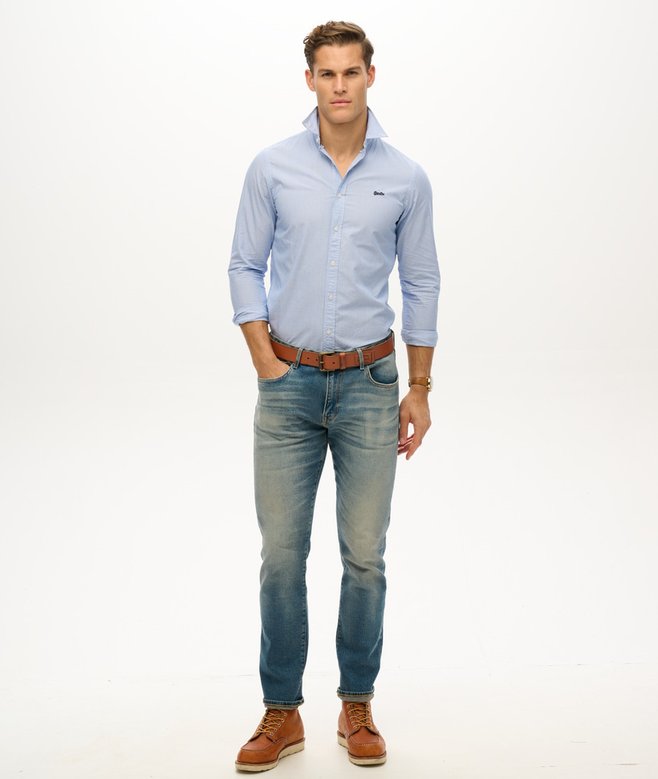 Men's Essentials Tailored Lite Shirt-Micro Ticking Stripe Indigo-Model Full Front View