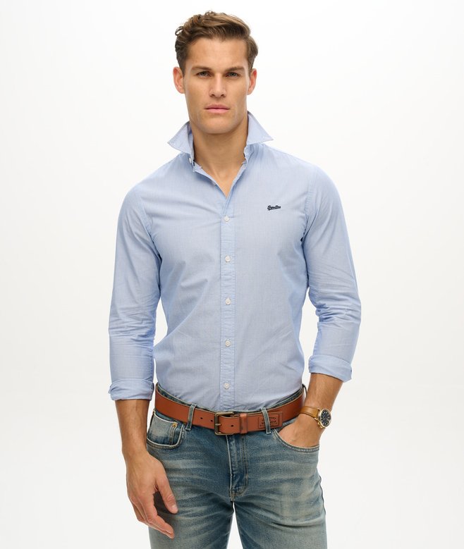 Men's Essentials Tailored Lite Shirt-Micro Ticking Stripe Indigo-Model Front View