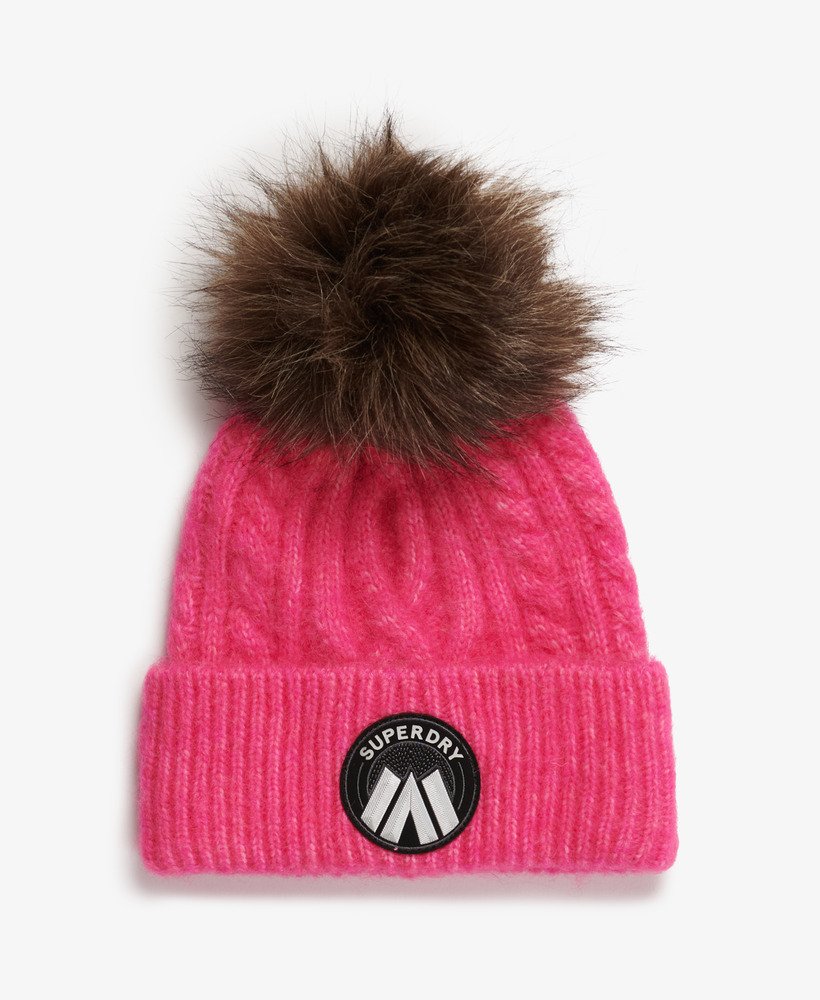 Superdry Ladies Cable Luxe Knit Beanie Hat-Hyper Magenta Pink Hyper Magenta Pink front view