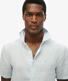 SUPERDRY Vacation Linen Short Sleeve Sky Blue Shirt Sky Blue Ticking Linen detail view