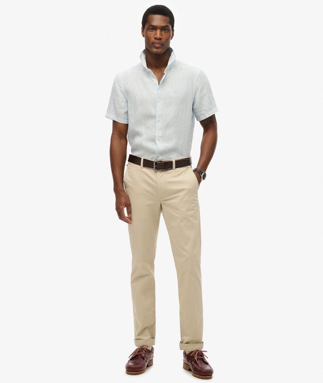SUPERDRY Vacation Linen Short Sleeve Sky Blue Shirt Sky Blue Ticking Linen model front view
