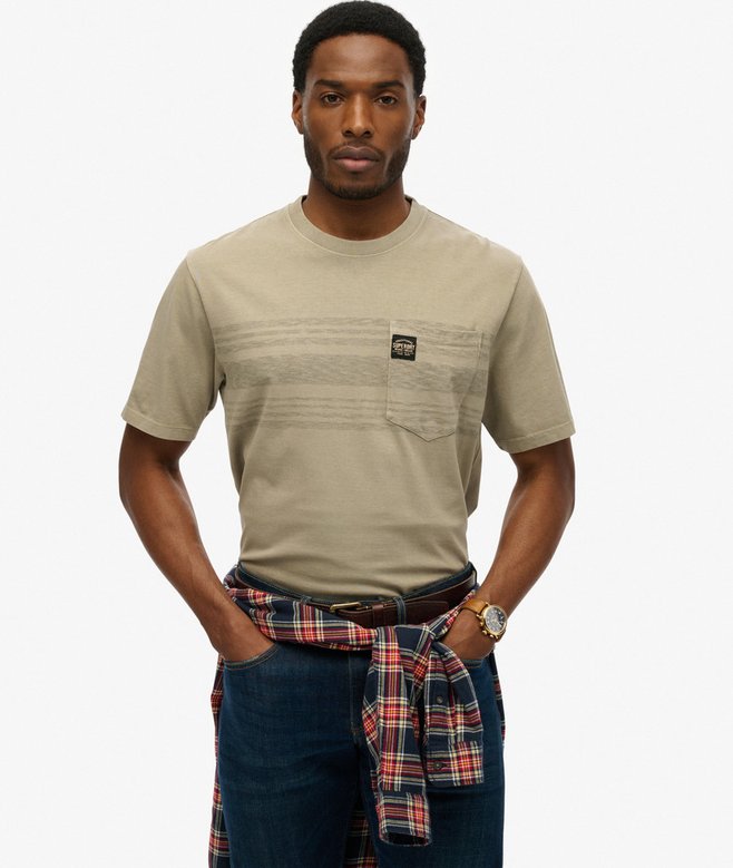 SUPERDRY Contrast Stripe Pocket Khaki T-shirt Washed Vintage Khaki front view