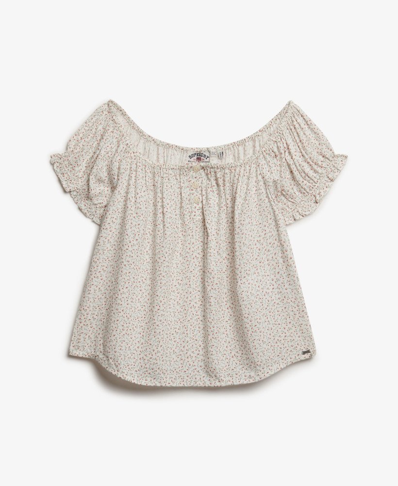 Floral off-shoulder blouse on a white background