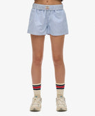 Superdry Ladies Cotton Stripe Elastic Short-Broker Blue Stripe Broker Blue Stripe model front view
