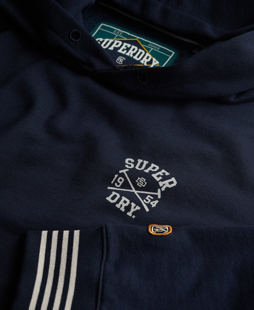 Navy blue hoodie with Superdry logo and branding