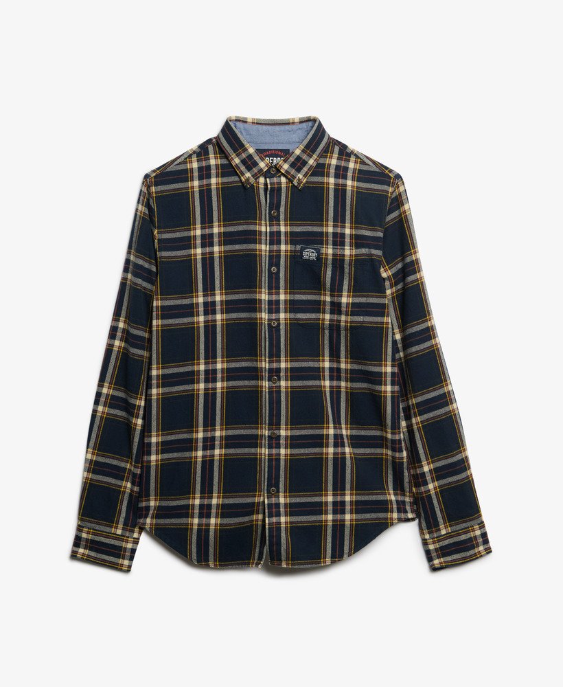 Navy and yellow plaid shirt with a brand logo on a white background