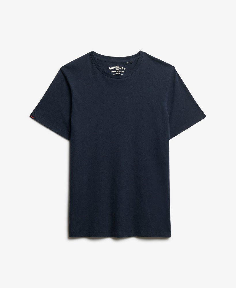 Navy blue t-shirt with a brand logo on a white background