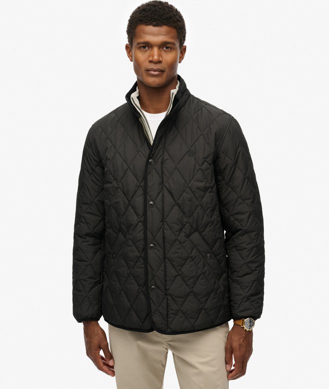 Man wearing a black quilted jacket on a white background