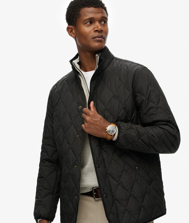 Man wearing a black quilted jacket on a white background