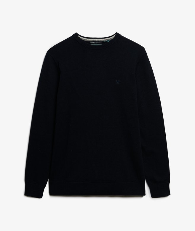 Navy long-sleeve shirt on a light gray background