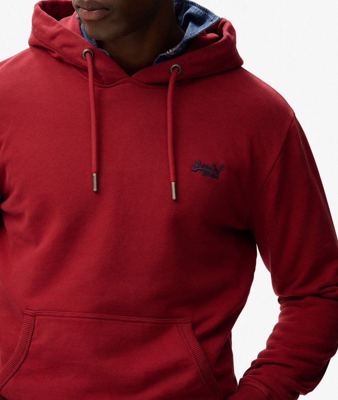 Red hoodie with a brand logo on a gray background